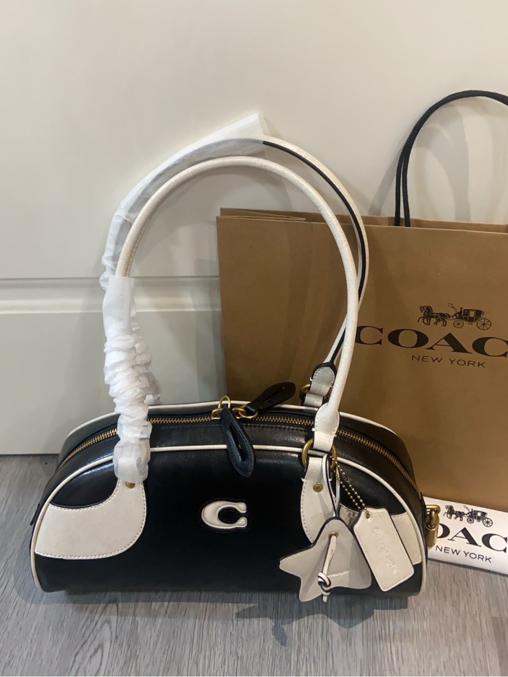 Black and White Dome Satchel with Contrast Trim